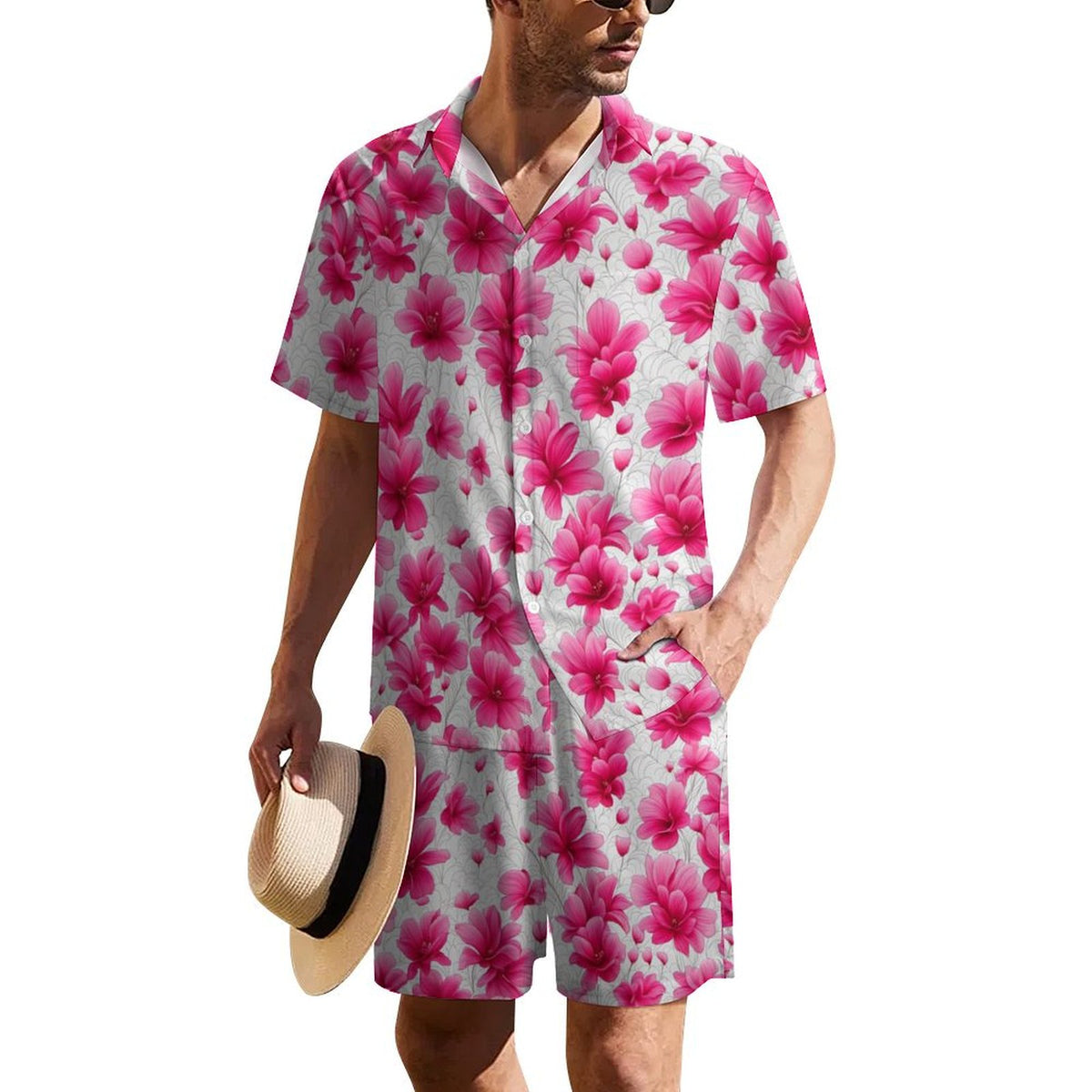 Buysing Men's Pink Flower Short Sleeve Hawaiian Shirt Summer