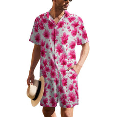 Buysing Men's Pink Flower Short Sleeve Hawaiian Shirt Summer